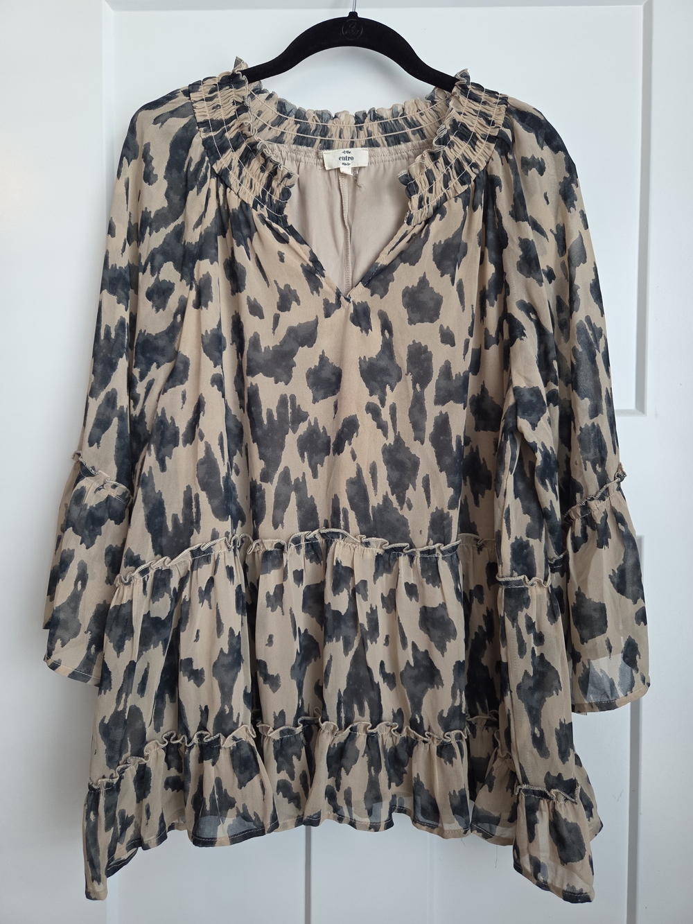entro Beige and Black Printed Ruffle Blouse